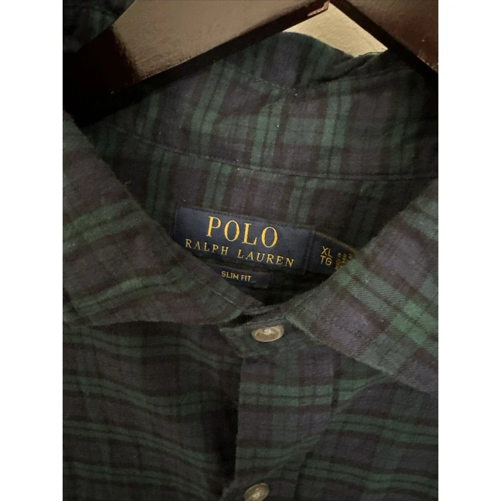 Polo Ralph Lauren Mens XL Slim Fit Blackwatch Plaid Button Down Shirt Navy Green